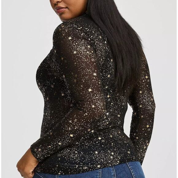 Torrid 3 (3X 22/24) Sexy Black Sheer Mesh Gold Stars Mock Neck Long Sleeve Top - Picture 3 of 3